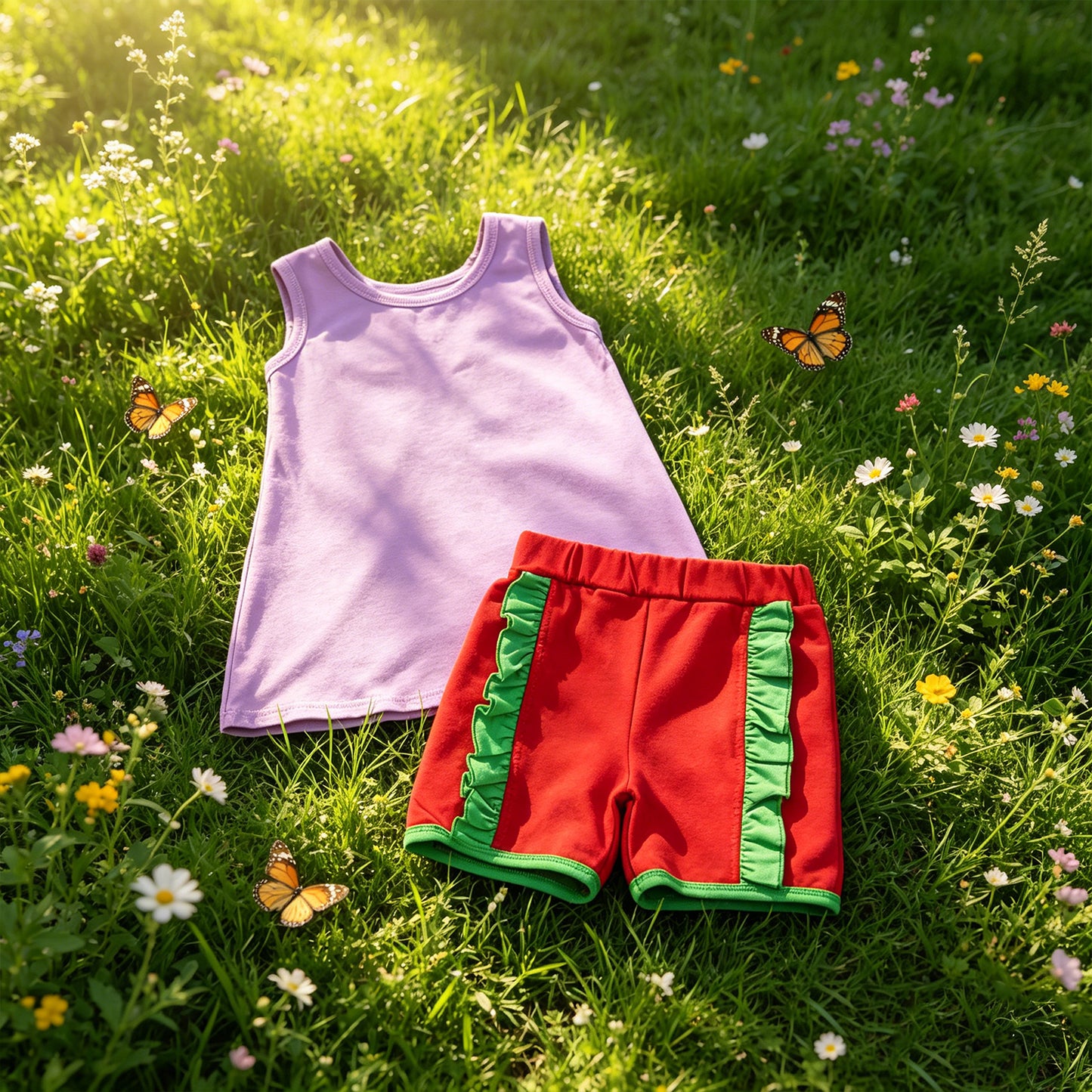 GSSO3465 RTS NO MOQ （In stock ）Sleeveless bow purple top red shorts princess girls outfits