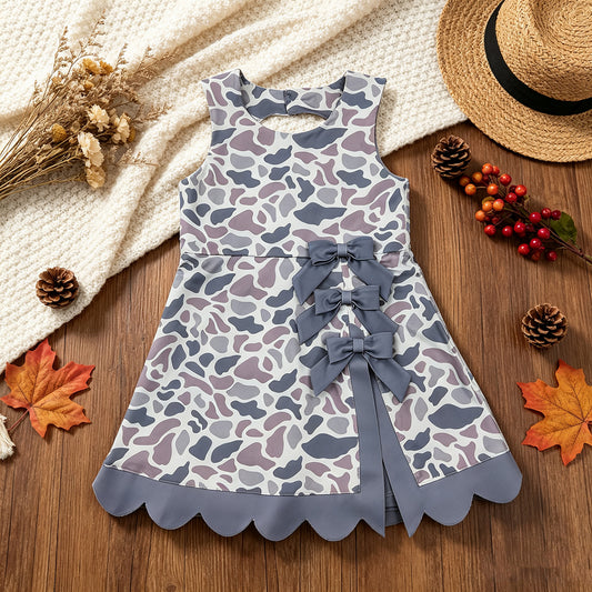 RTS NO MOQ （In stock）yoga fabric GSD4226 Baby Girls Light Gray Camo Scallop Knee Length Dress