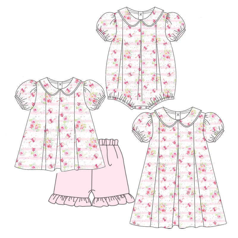 Girls Floral Stripe Tunic Ruffle Shorts Set Short Sleeves Cute Outfit for Kids