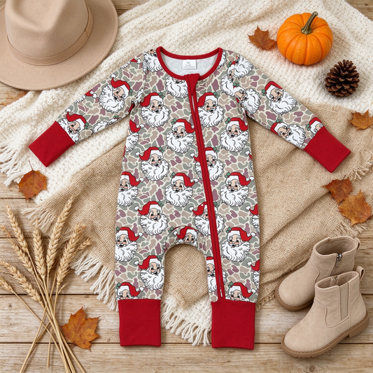 RTS NO MOQ （In stock）milk silk LR3345 Baby Boys Khaki Camo Santa Christmas Long Sleeve Two Way Zip Convertible Rompers