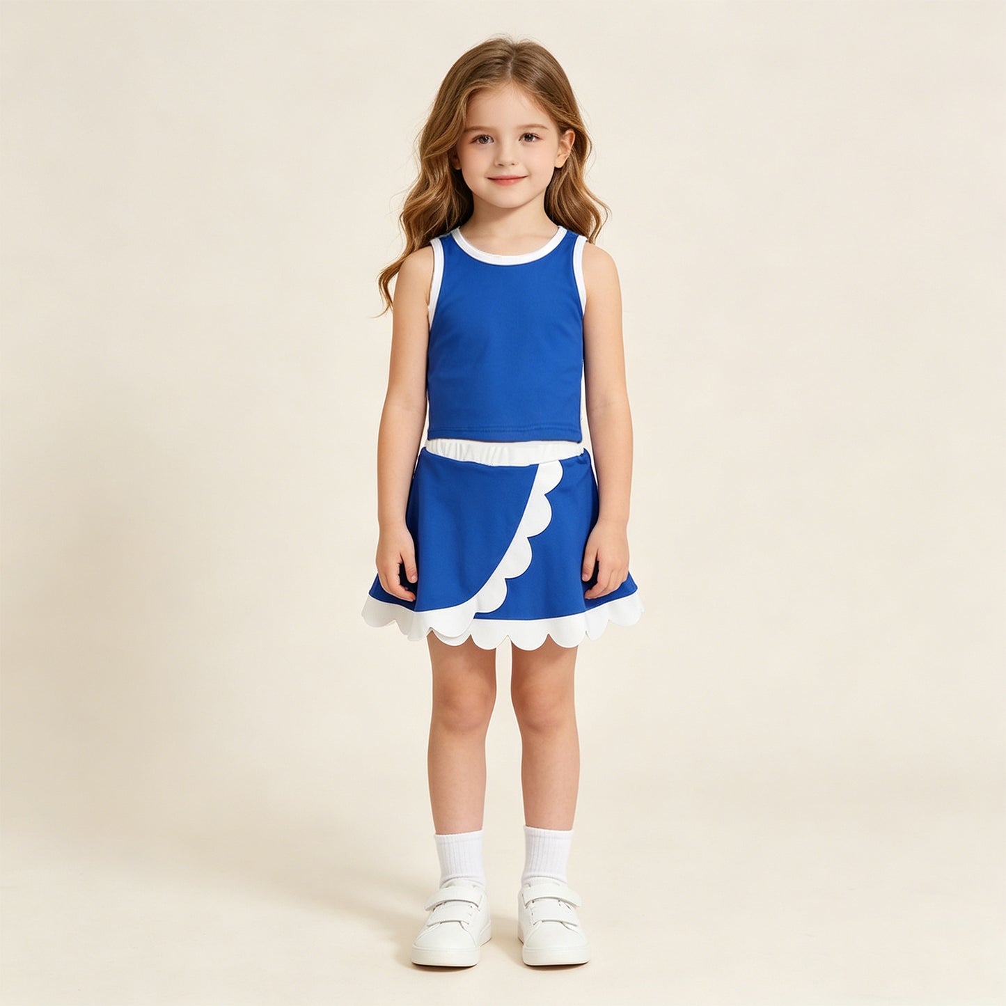 GSD4023 RTS NO MOQ （In stock ）Sleeveless blue white scallop girls team active wear set
