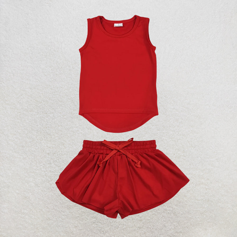 5.25 RTS NO MOQ （In stock）GT0981+SS0544 Red sleeveless kids girls activewear top with activewear summer yoga shorts