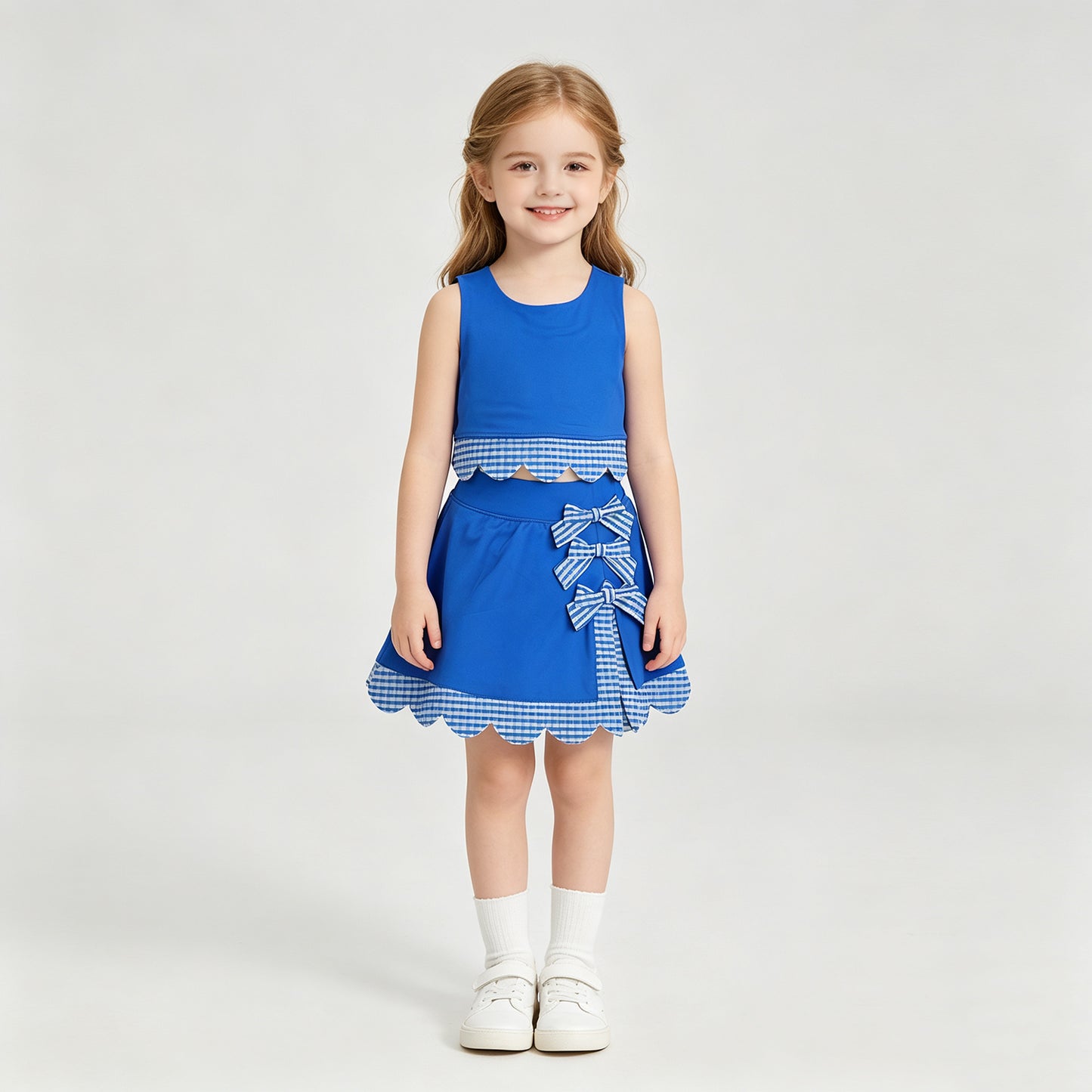 GSD4177 RTS NO MOQ （In stock） Baby Girls Summer Sleeveless Blue Vest Scallop Skirt Yoga Active Set