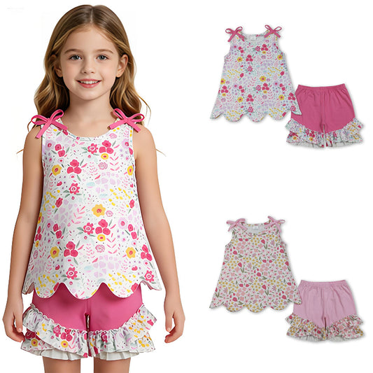 RTS Sibling Sleeveless floral scallop top pink shorts girls outfits