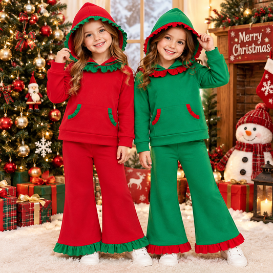 RTS NO MOQ Sibling cotton CHRISTMAS RUFFLE SETS Baby Girls Solid Long Sleeve Hooded Top Ruffle Hem Flare Pant Casual Outfit