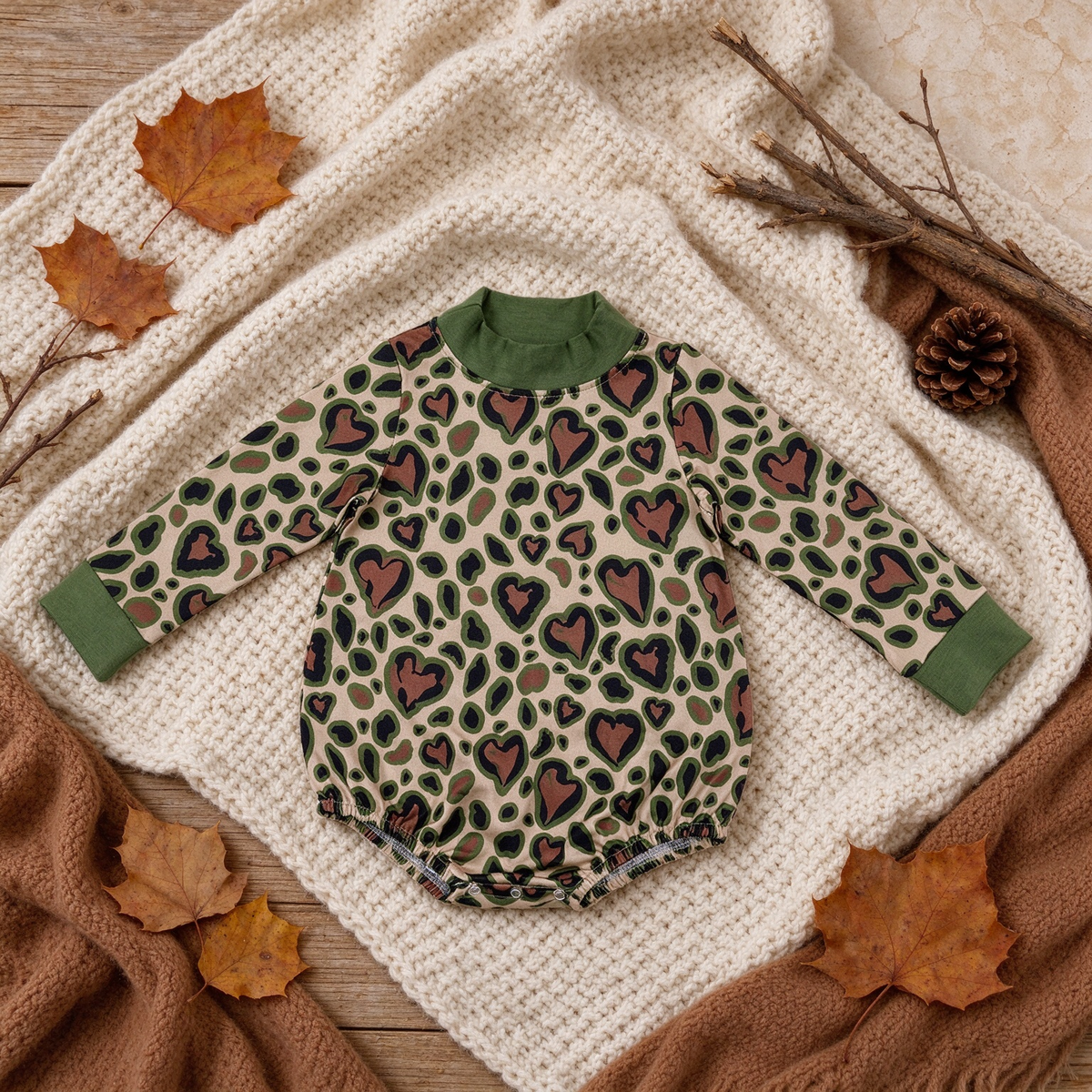 RTS NO MOQ （In stock）milk silk LR3333 Baby Girls High Neck Long Sleeve Olive Black Leopard Hearts Print Valentines Rompers