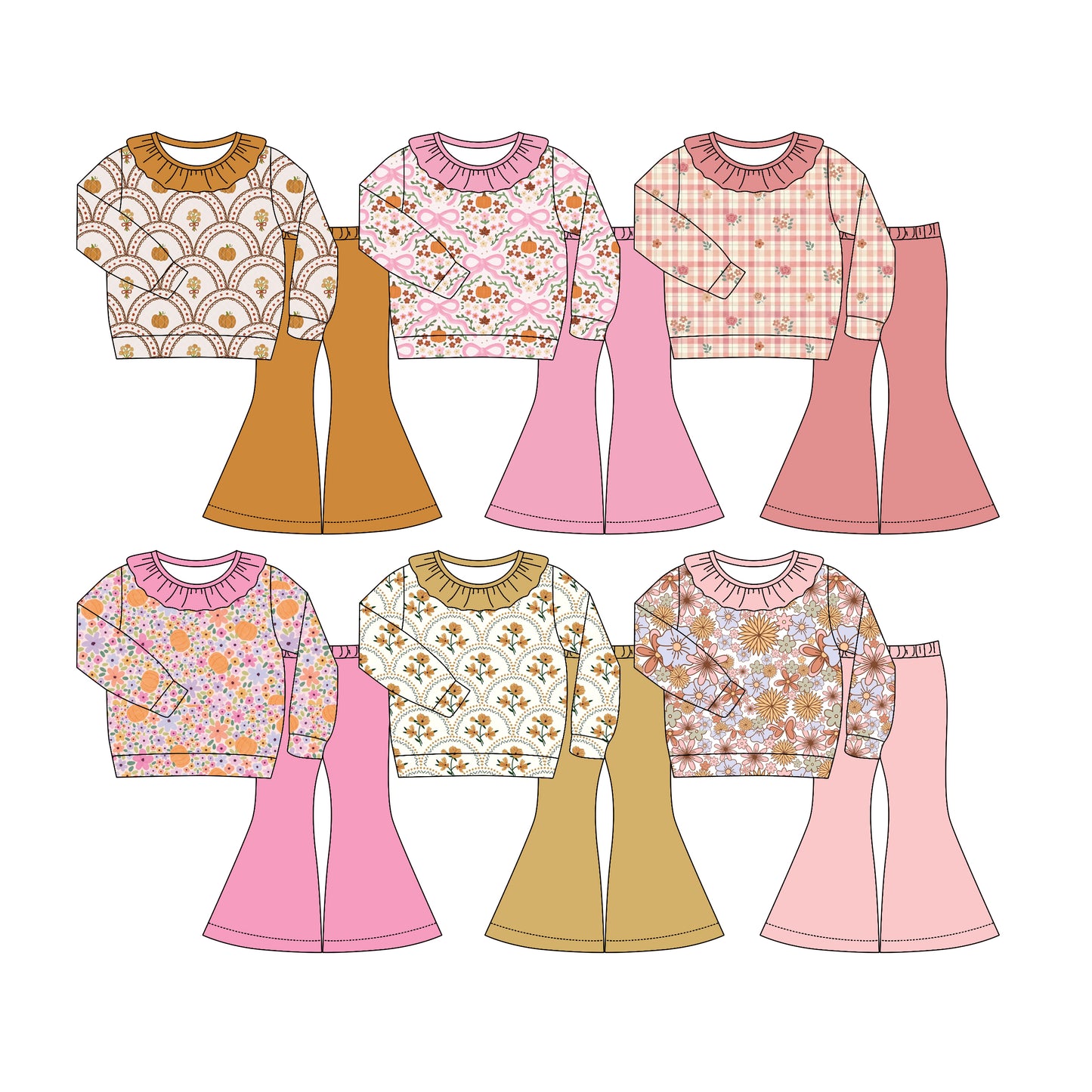 4.22 Pre order No Moq Baby Girls Casual Fall Clothing Set Flower Pumpkin Top Bell Bottom Pants With Bows