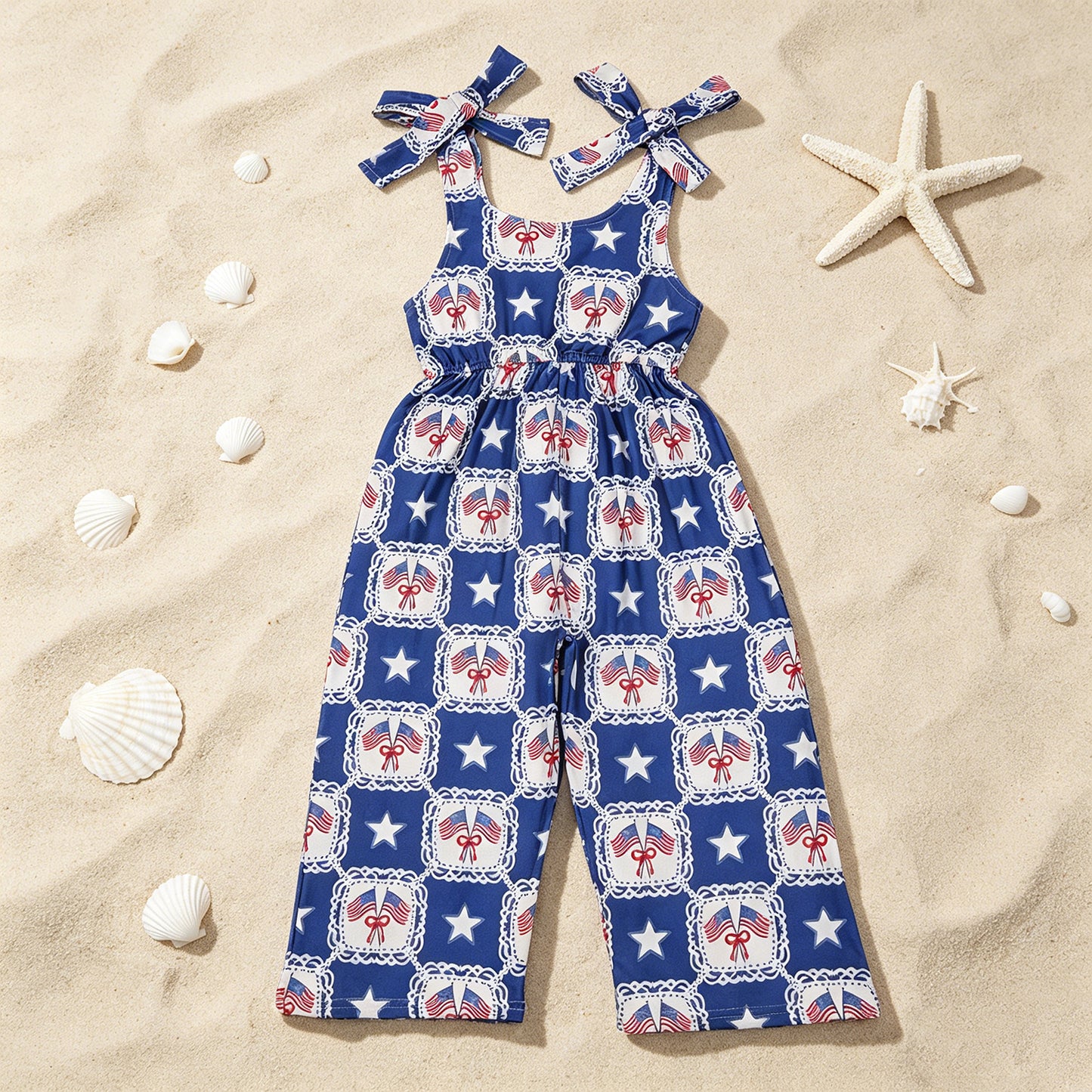 SR3875 RTS NO MOQ （In stock ）Straps flag bow stars kids girls 4th of july jumpsuit