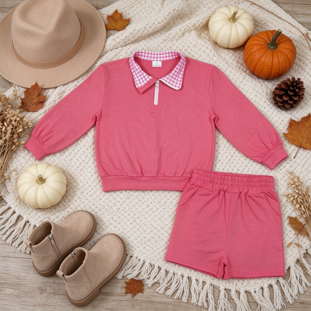 RTS NO MOQ （In stock）cotton GLS0225 Baby Girls Pink Long Sleeve Zip Front Pullover Side Pockets Short Clothes Set