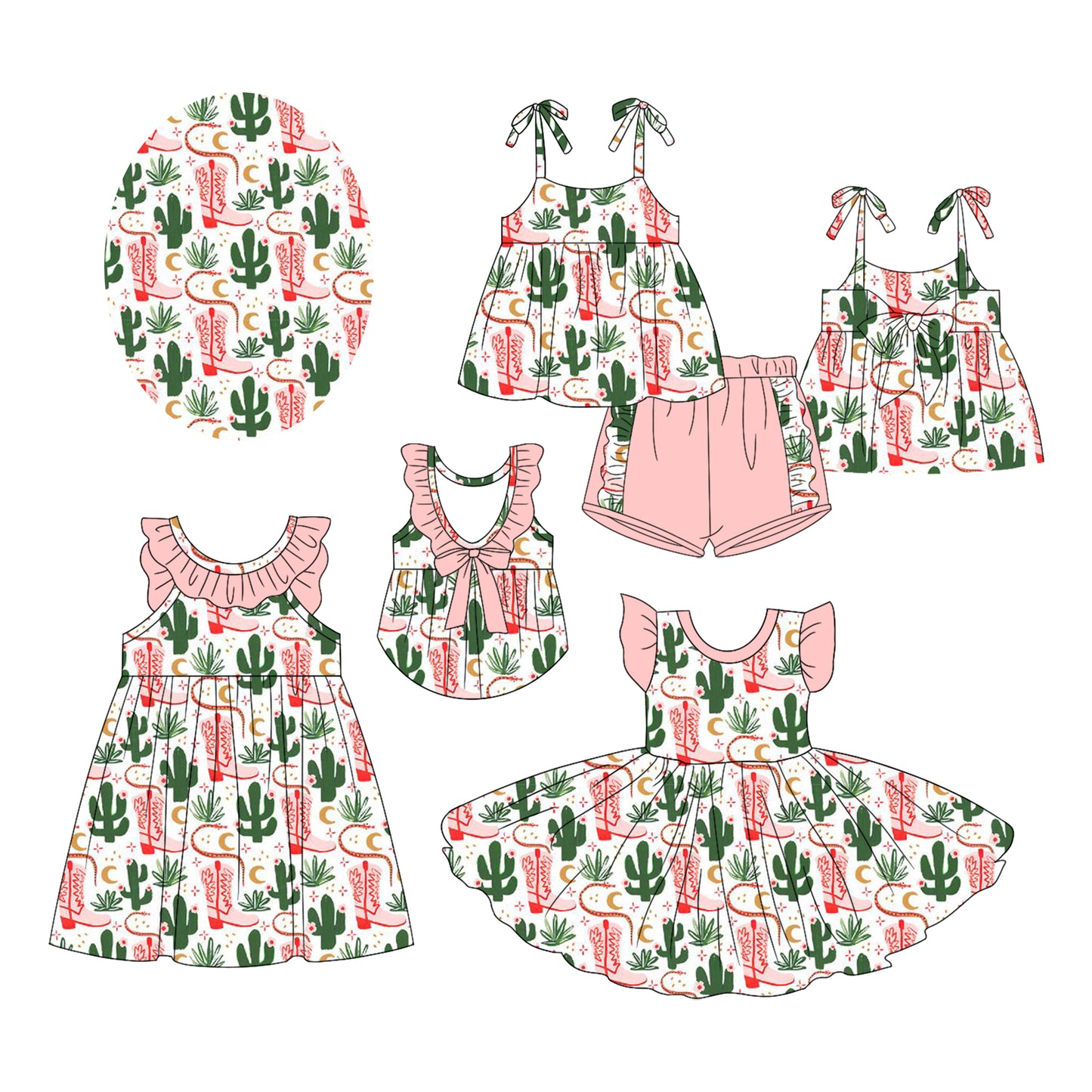 Girls Cactus Themed Tunic Ruffle Shorts Outfit with Straps Booties - Cute Casual Children's Clothing Set
