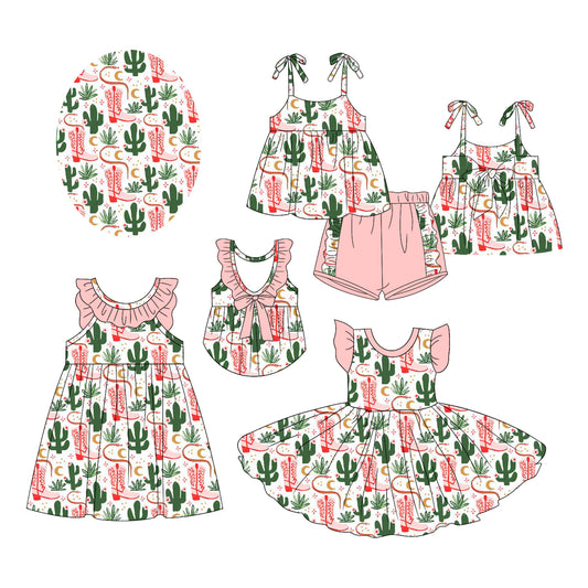Girls Cactus Themed Tunic Ruffle Shorts Outfit with Straps Booties - Cute Casual Children's Clothing Set