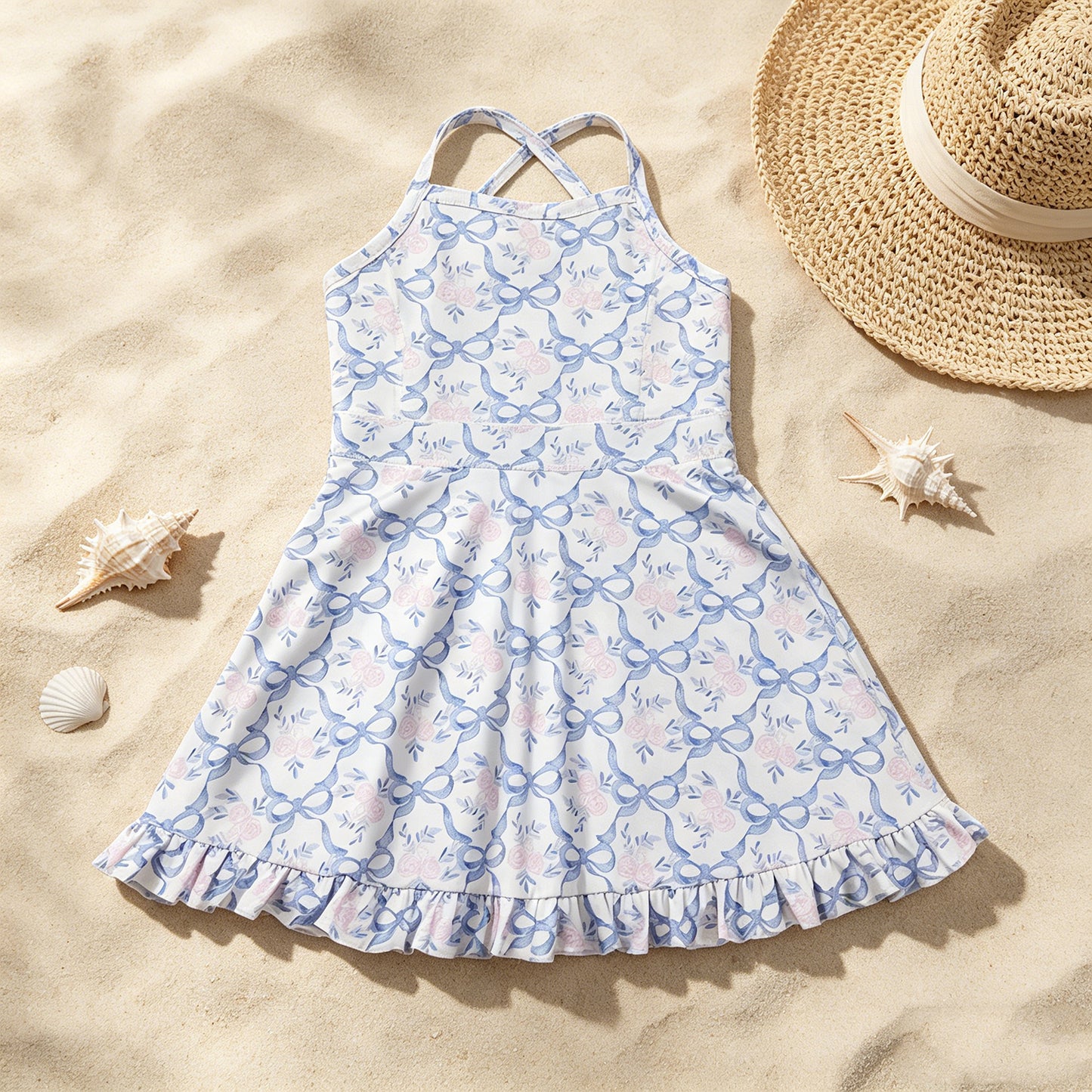 GSD2580 RTS NO MOQ （In stock ）Straps blue bows floral ruffle kids girls athletic dresses