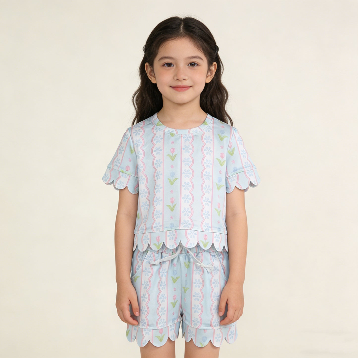 4.8 GSSO3412 RTS NO MOQ （In stock）Short sleeves light blue floral scallop kids girls summer outfits