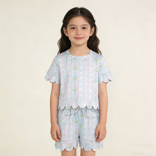 4.8 GSSO3412 RTS NO MOQ （In stock）Short sleeves light blue floral scallop kids girls summer outfits