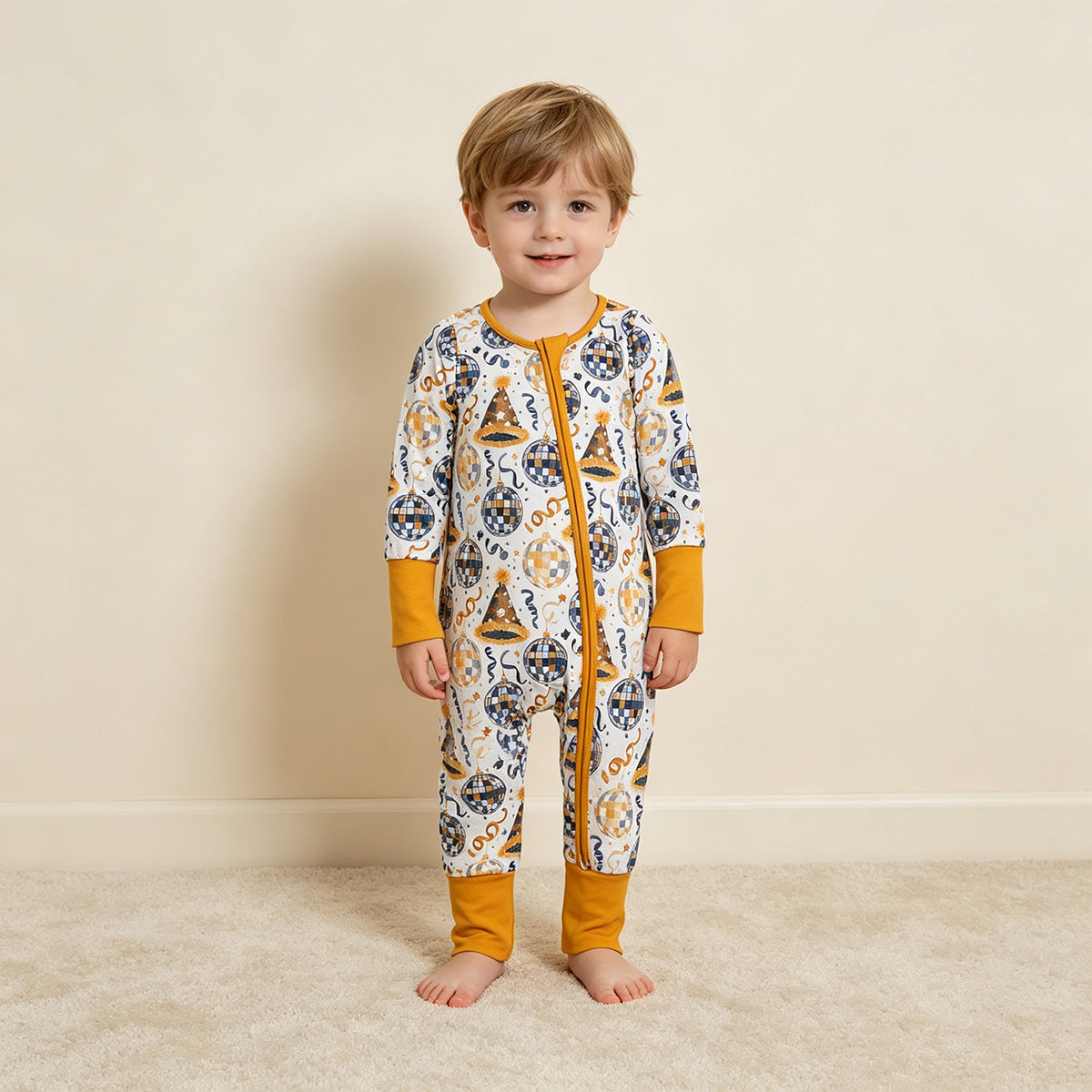 RTS NO MOQ milk silk LR3212 Baby Boys Stars Lights Happy New Year Two Way Zip Convertible Rompers