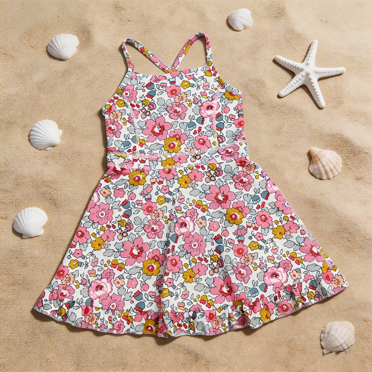 GSD2278 RTS NO MOQ （In stock ）Straps pink floral ruffle kids girls athletic dresses