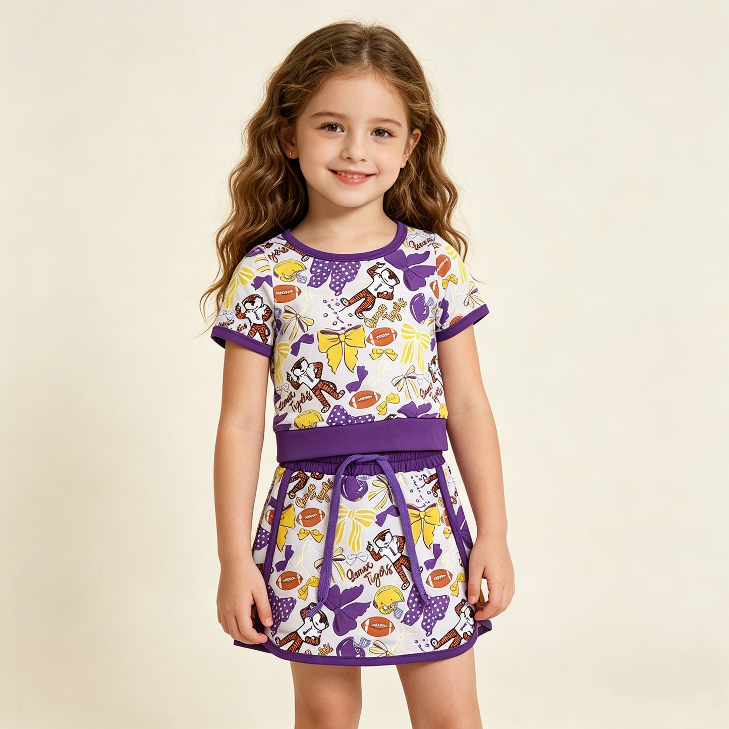 GSD3695 RTS NO MOQ （In stock ）Baby Girls Bow Football  Top Skirt Short Team Yoga Active Clothes Sets