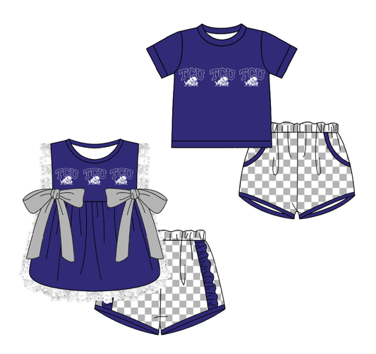 CUSTOM MOQ 5 Cute Comfortable Clothing For Kids Sibling Boys Baby Girls Summer Purple Bow Top Gray Checked Shorts Team Clothes Sets
