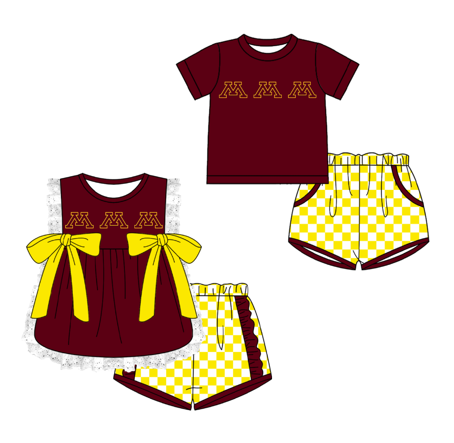 CUSTOM MOQ 5 Cute Kids Clothing Sibling Boys Baby Girls Summer Red Bow Top Yellow Checked Shorts Team Clothes Sets