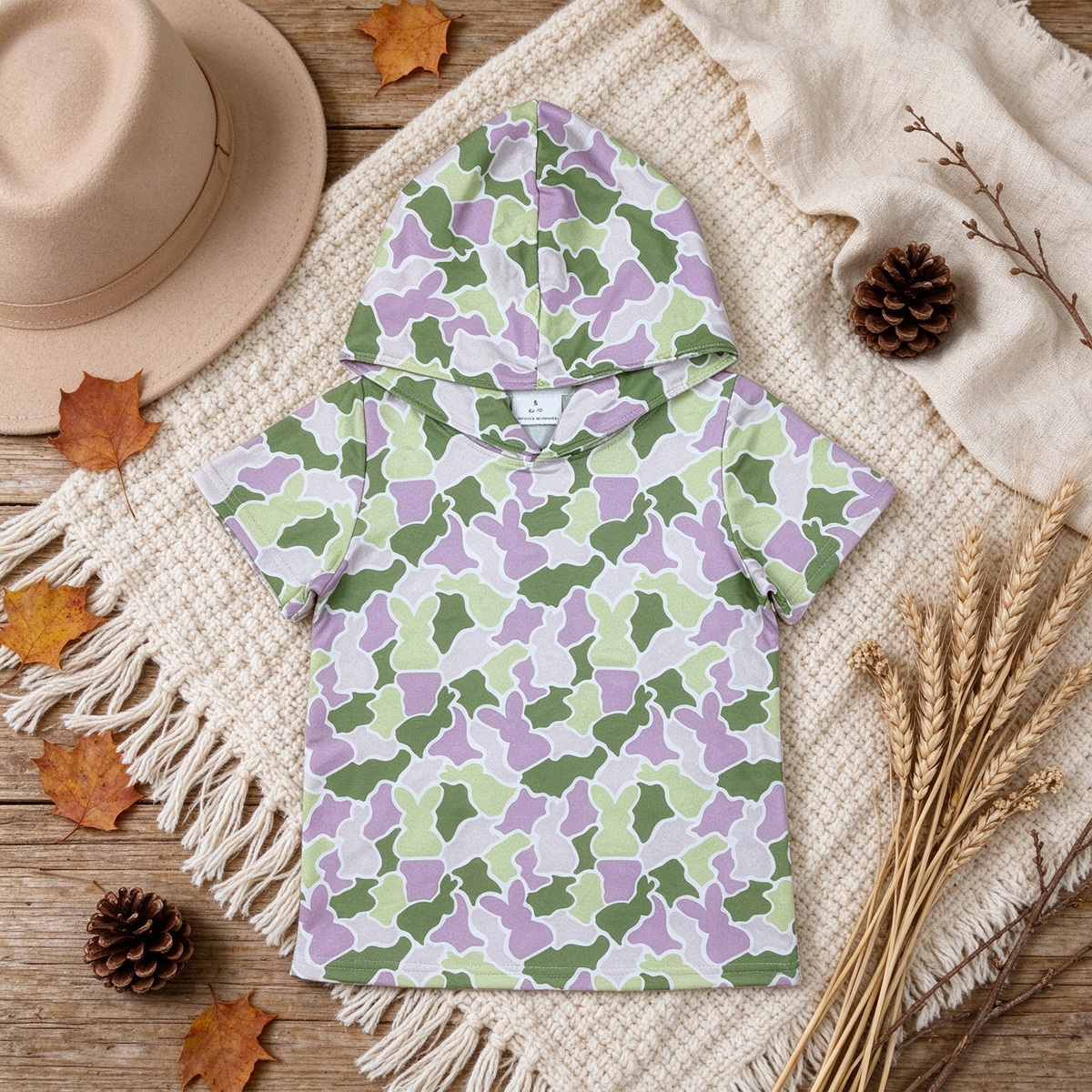 RTS NO MOQ （In stock）milk silk GT1918 Baby Girls Green Rabbits Camo Easter Short Sleeve Hoodies Shirt Top