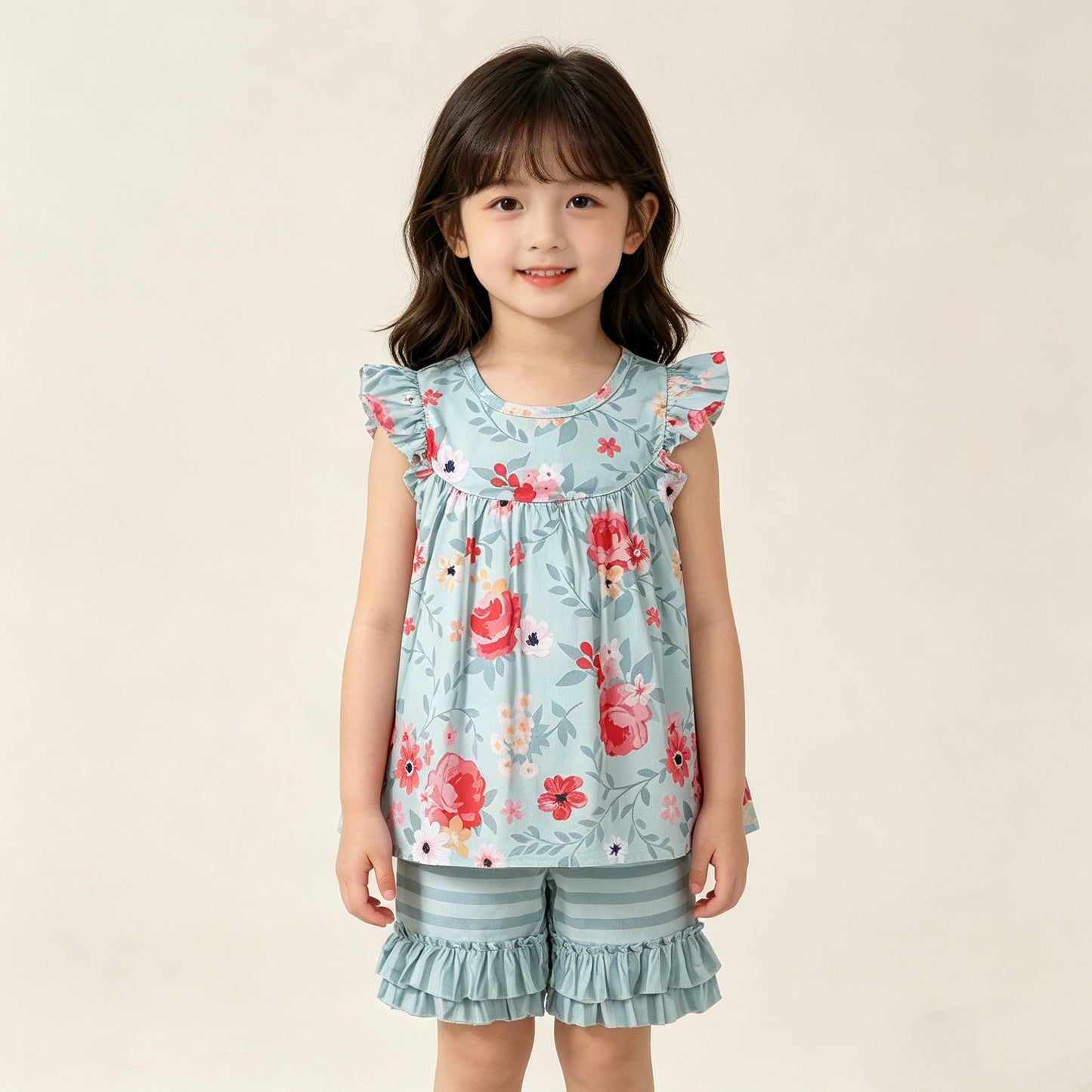 4.10 GSSO3748 RTS NO MOQ （In stock ）Baby Girls Flutter Sleeve Flowers Tunic Stripe Ruffle Short Clothes Set