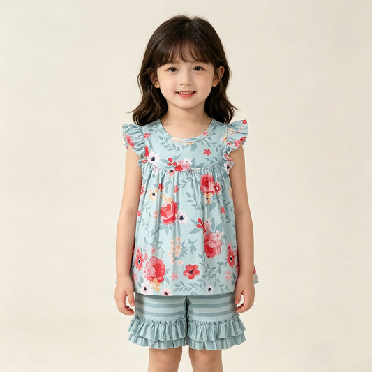 4.10 GSSO3748 RTS NO MOQ （In stock ）Baby Girls Flutter Sleeve Flowers Tunic Stripe Ruffle Short Clothes Set