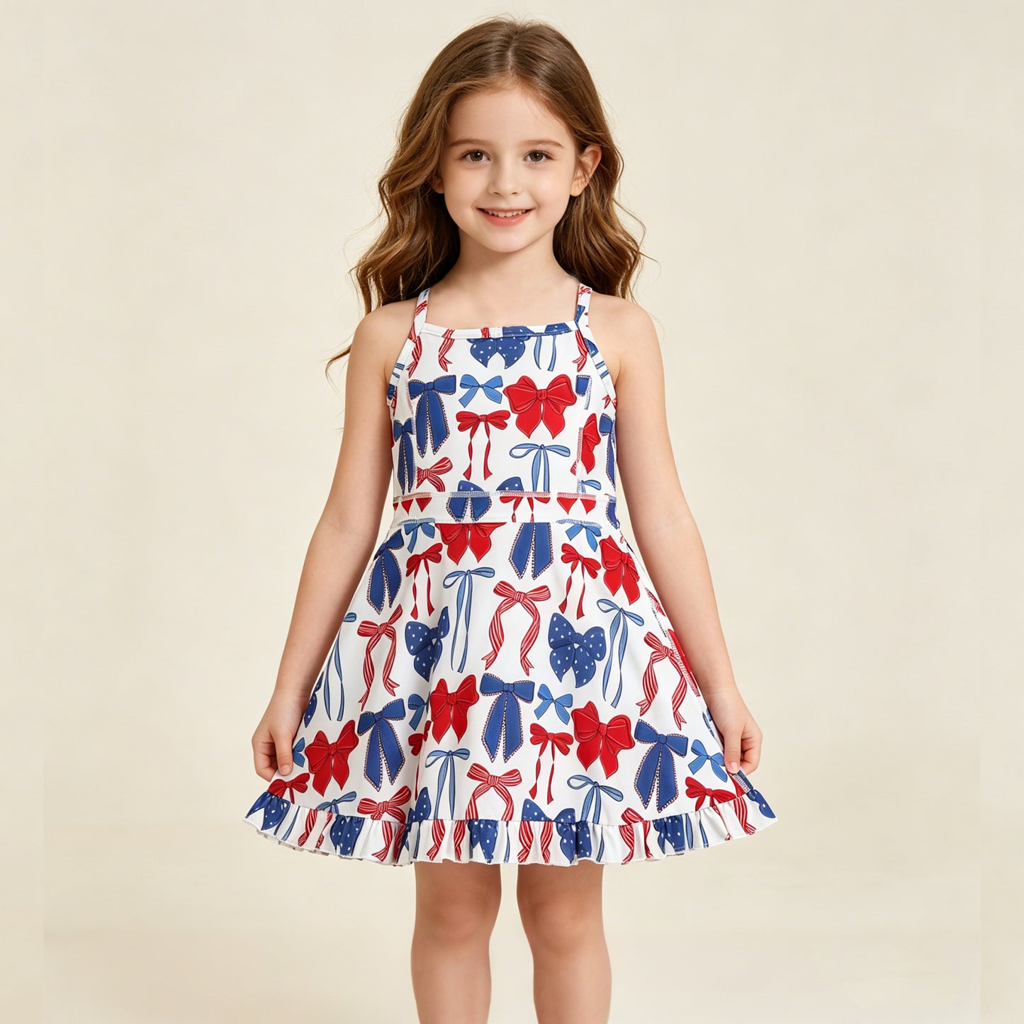 GSD4064 RTS NO MOQ （In stock ）Red blue bow ruffle kids girls 4th of july athletic dress