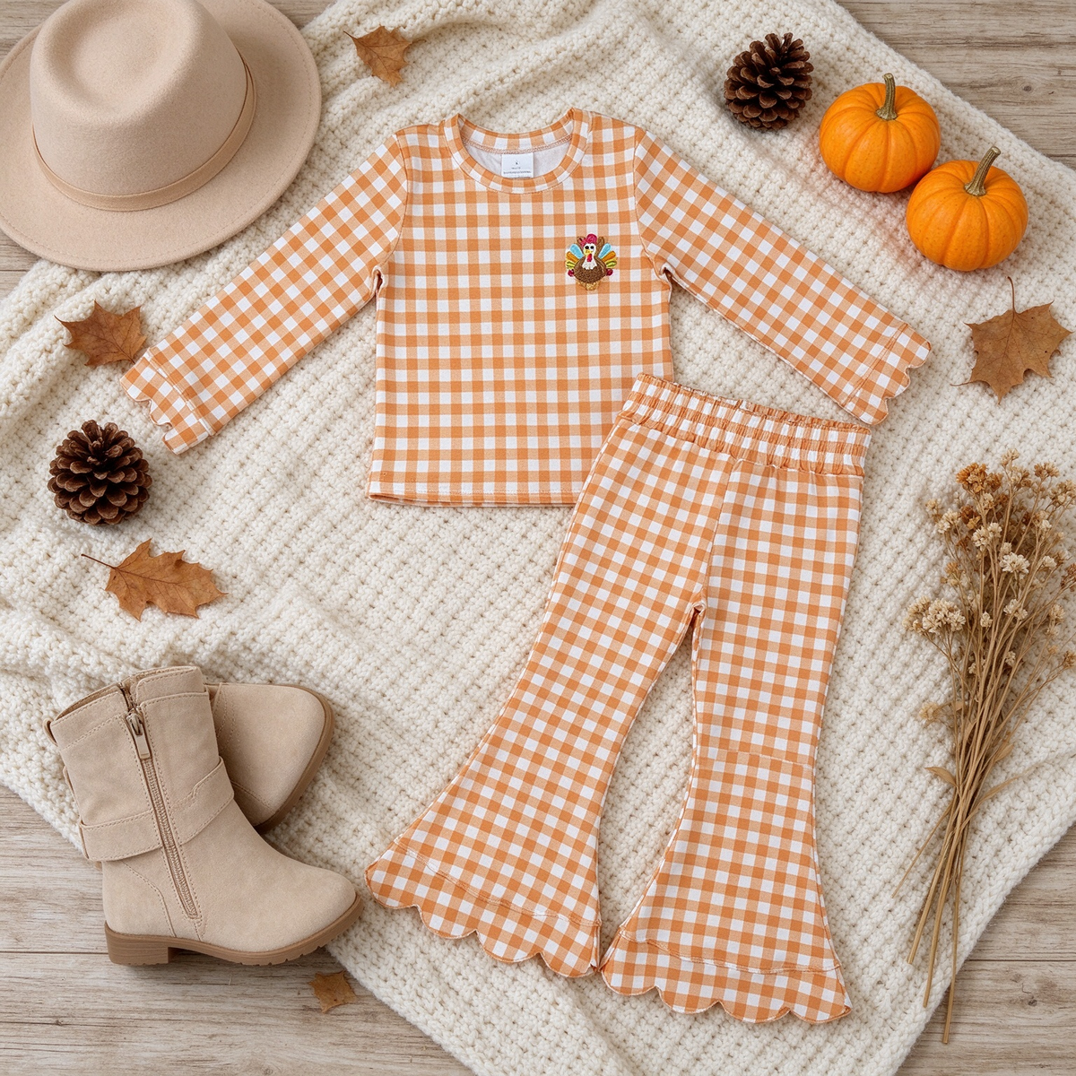 RTS NO MOQ （In stock）milk silk GLP3588 Embroidery Turkey Baby Girls Orange Checked Top Scallop Pant Thanksgivings Clothes Set