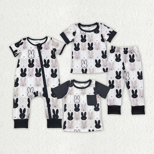 RTS Sibling Baby Boys Autumn Outfits Easter Black Rabbits Short Sleeve Tops Pants Pajamas Clothes Sets