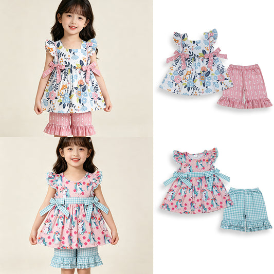 4.10 RTS Sibling Baby Girls Flutter Sleeve Flowers Tunic Ruffle Shorts Clothes Sets