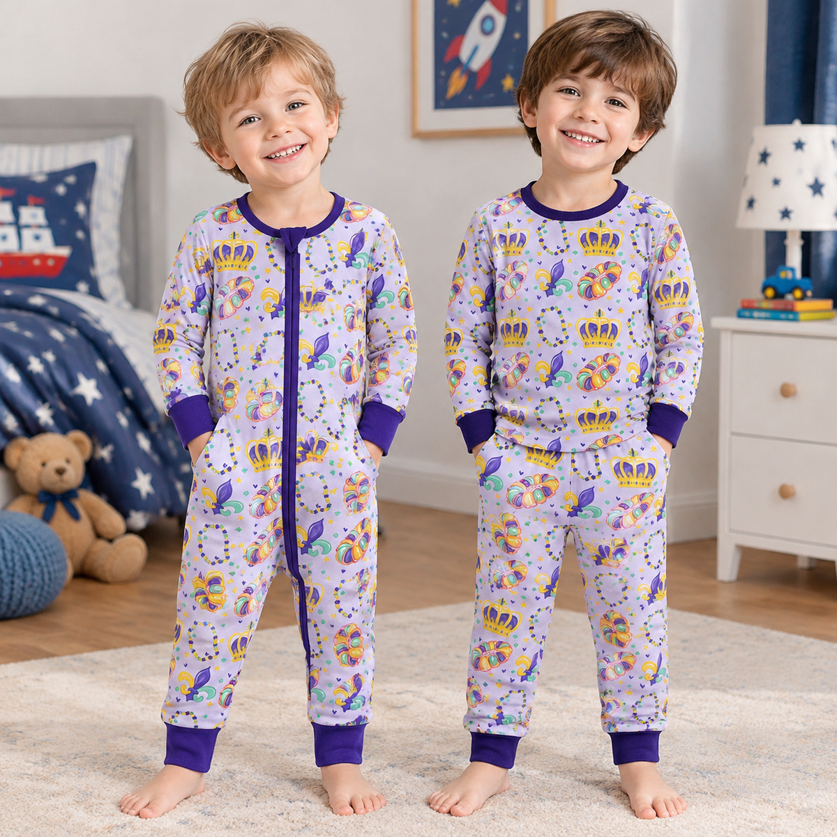 RTS NO MOQ Sibling milk silk Baby Boys Print Purple Zipper Romper And Toddler Long Sleeve Top Pants Pajama Set