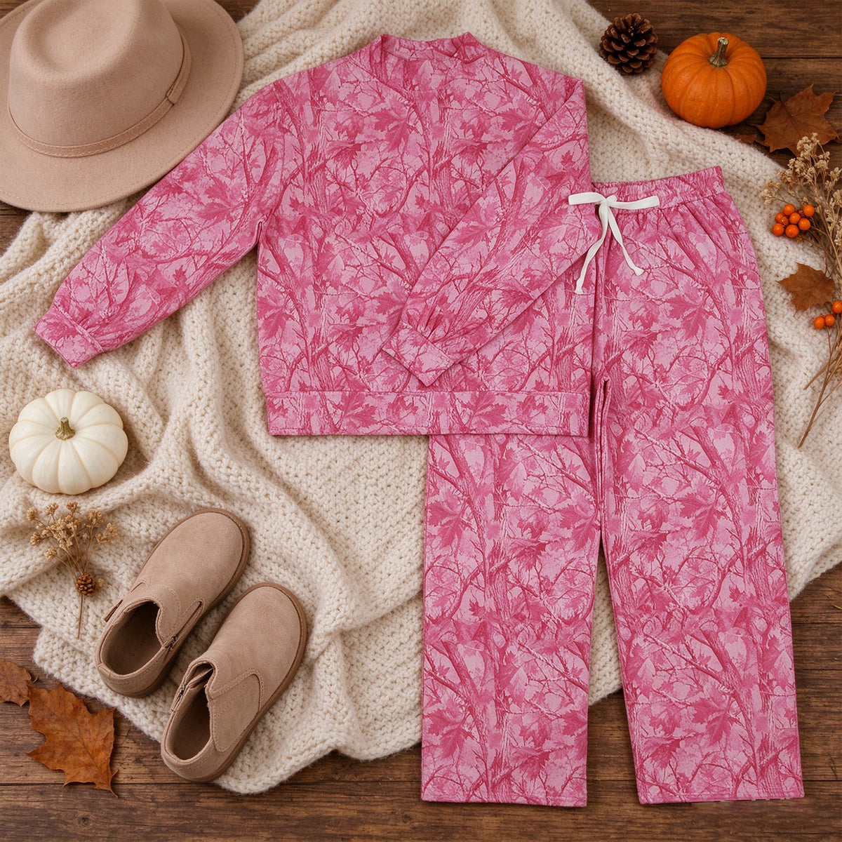 RTS NO MOQ （In stock）milk silk GLP3651 （GT1824+P1138）Adult Women Hot Pink Tree Camo Print Neck Long Sleeve Sweatshirt Pants Casual Outfit Set