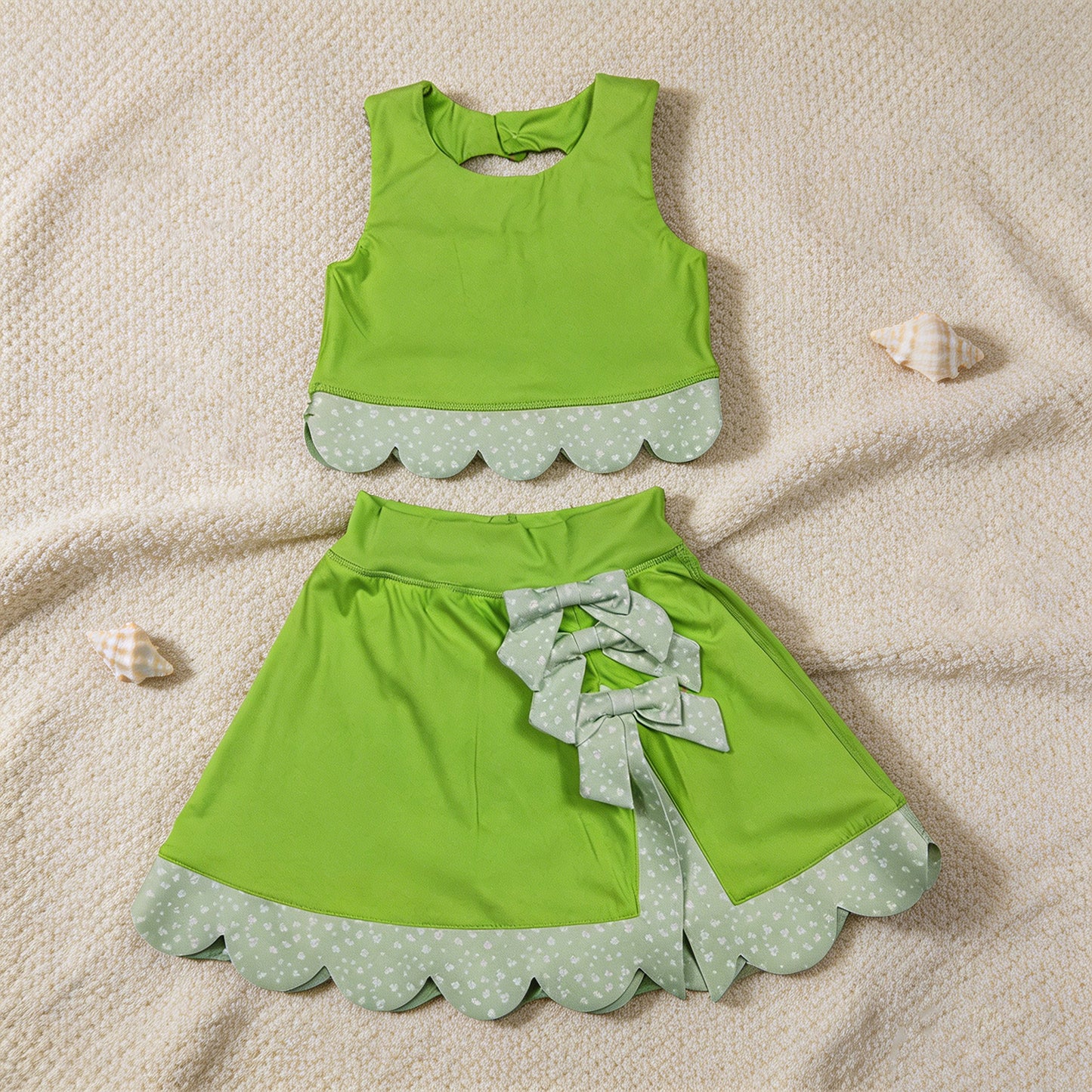 GSD3322 RTS NO MOQ （In stock ）Baby Girls Light Green Sleeveless Vest Top Bows Skirt Shorts Yoga Clothes Sets