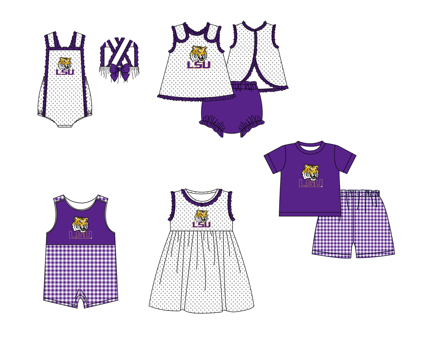 CUSTOM MOQ 5 Sibling Boys Baby Girls Purple Top Ruffles Shorts Clothes Set Knee Length Dress Rompers