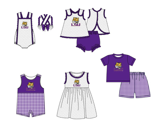 CUSTOM MOQ 5 Sibling Boys Baby Girls Purple Top Ruffles Shorts Clothes Set Knee Length Dress Rompers