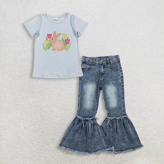 3.6 RTS NO MOQ （In stock）GT1398 + P0676 Baby Girls Blue Short Sleeve Flowers Rabbits Easter T-shirts Top Denim Pants Jeans Clothes Sets