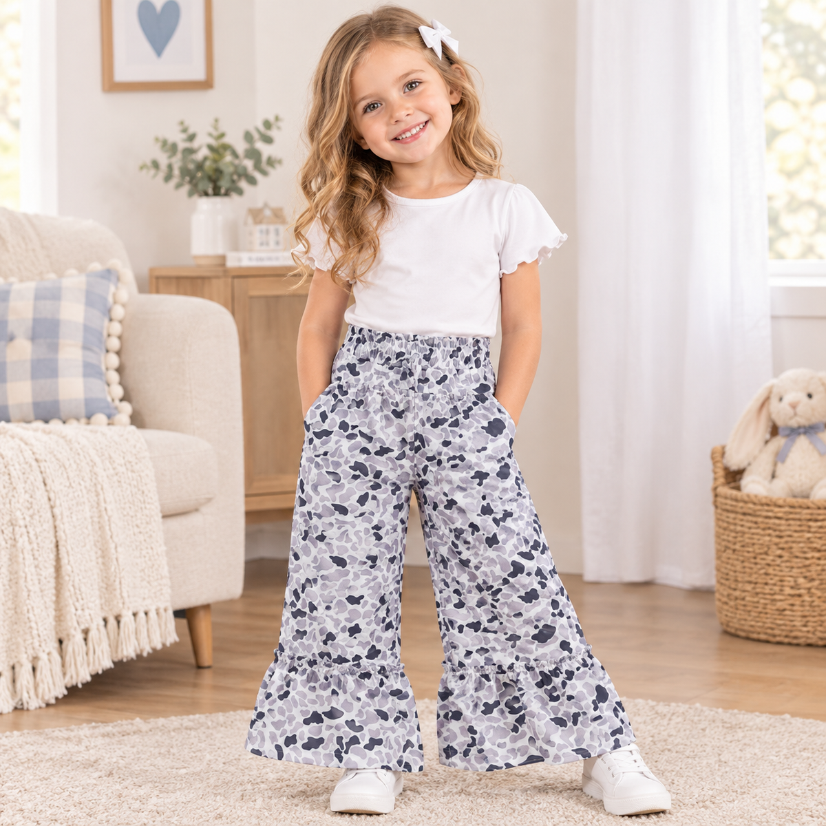 RTS NO MOQ （In stock）yoga fabric P1054 Baby Girls Grey Camo Yoga Active Ruffle Flare Pants Bottom
