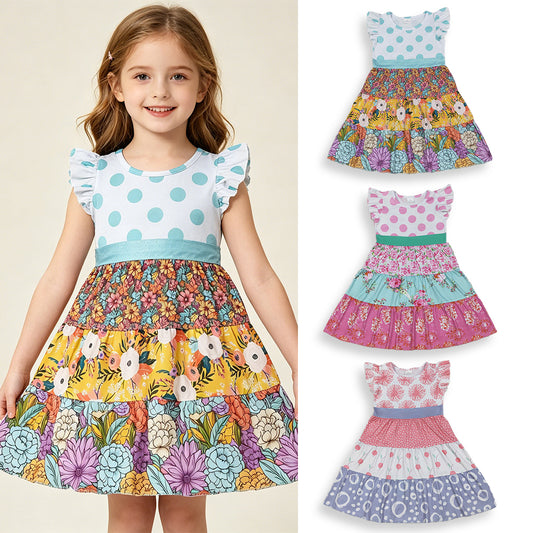 4.11 RTS NO MOQ （In stock ）Baby Girls Flutter Sleeve Flowers Patchwork Knee Length Dresses