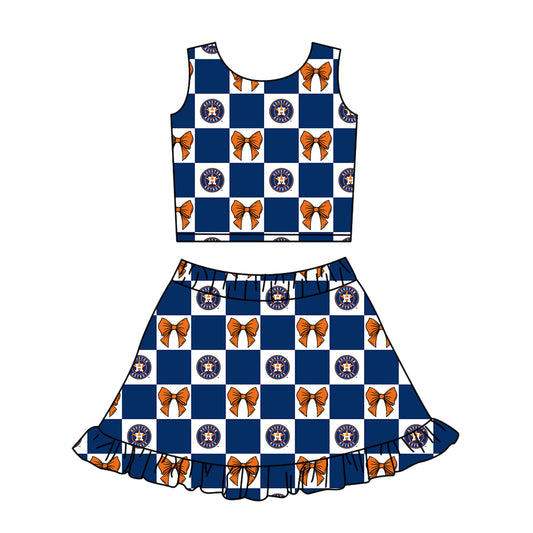CUSTOM MOQ 5 Kids Clothing for Girls Baby Girls Blue Star  Plaid Top Skirts Yoga Active Team Clothes Sets