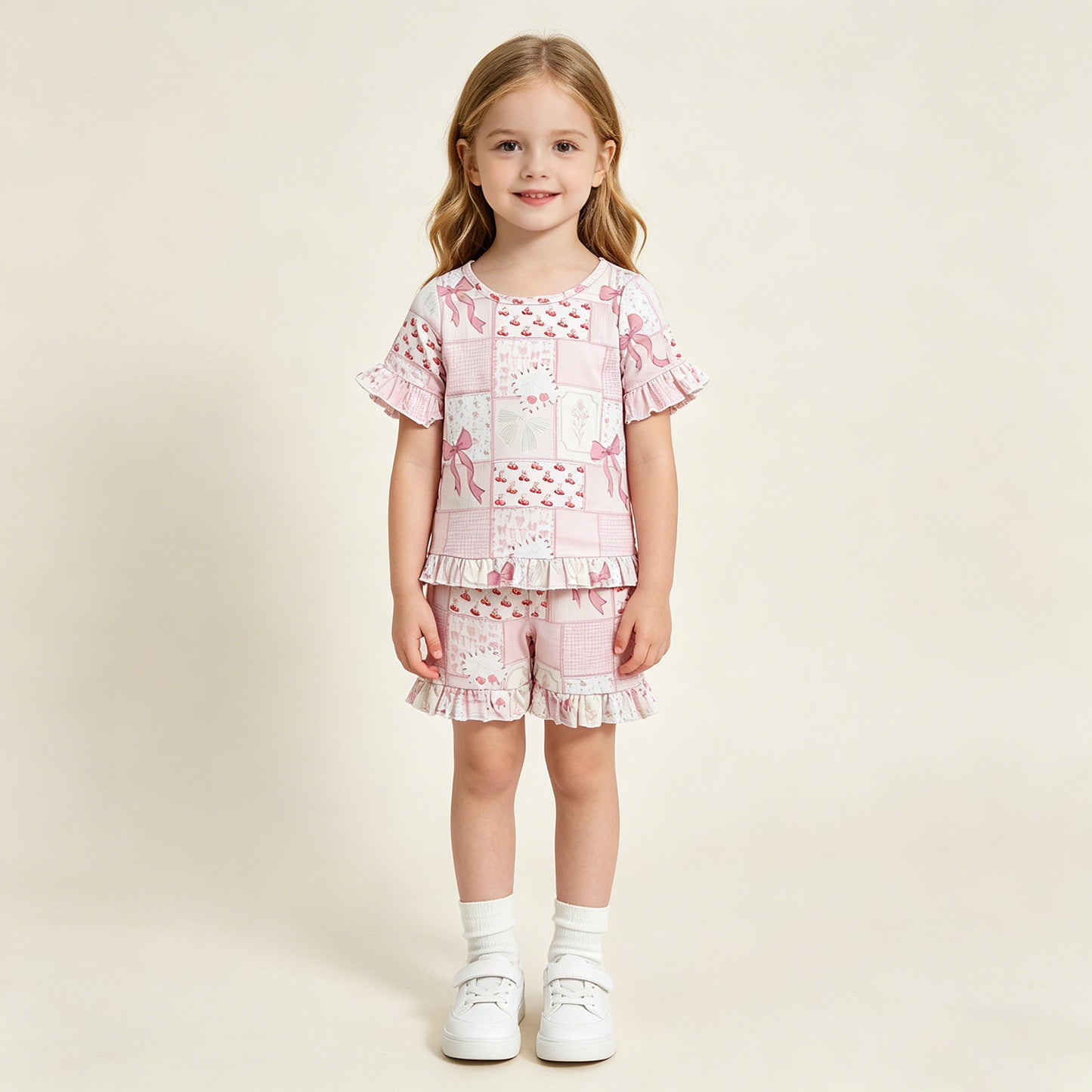 GSSO3321 RTS NO MOQ （In stock ）Baby Girls Bows Flowers Checked Top Ruffle Shorts Pajamas