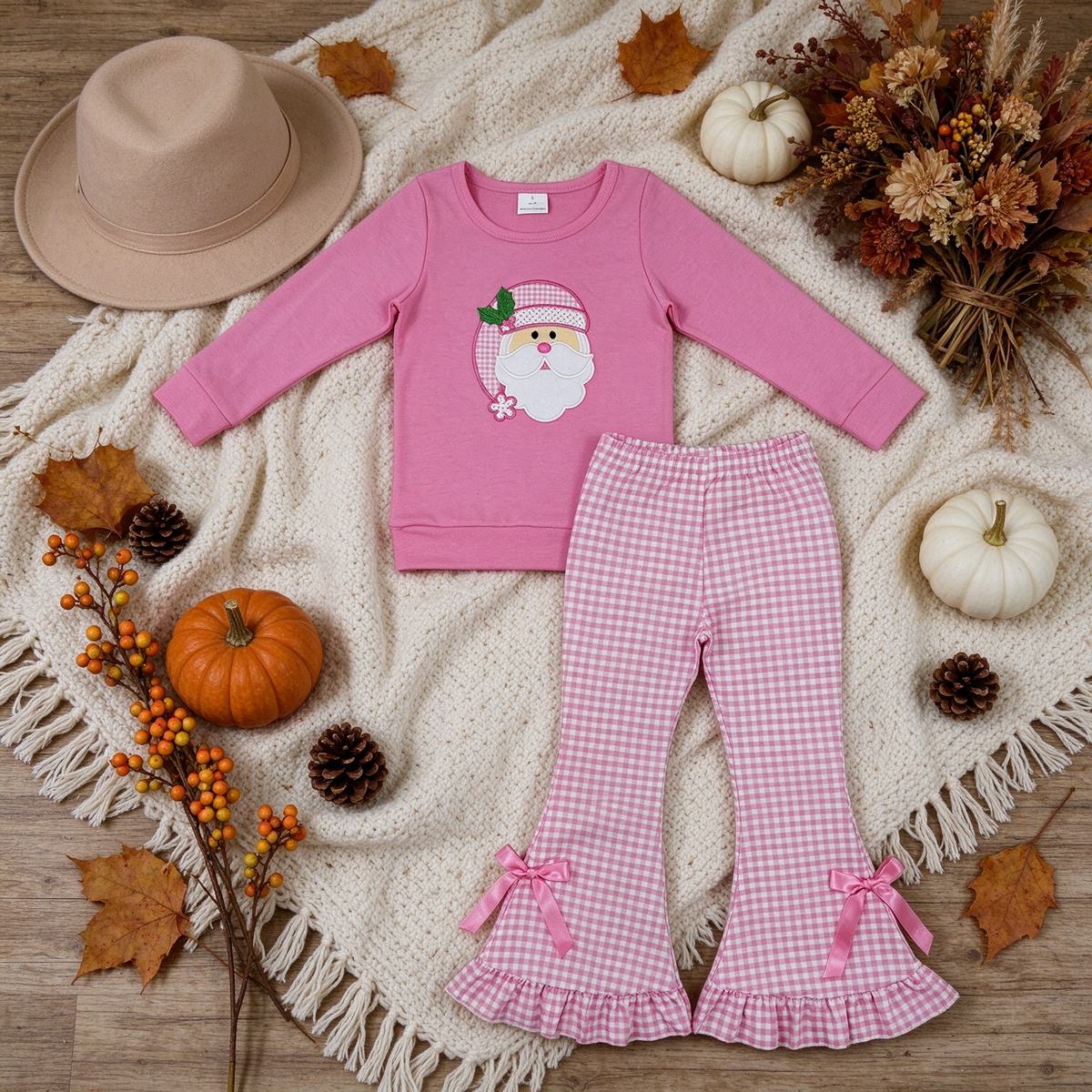 RTS NO MOQ （In stock）milk silk GLP3561 Embroidery Baby Girls Holly Santa Top Checked Flare Pant Christmas Clothes Sets
