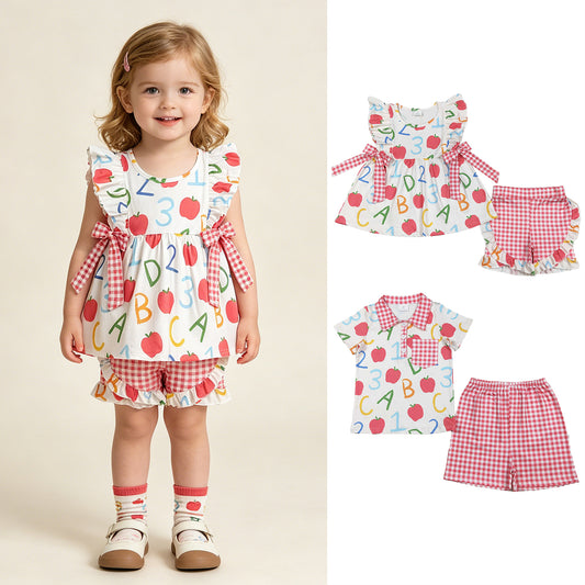 RTS Sibling ABC apple polo shirt plaid shorts boys and girls back to school set