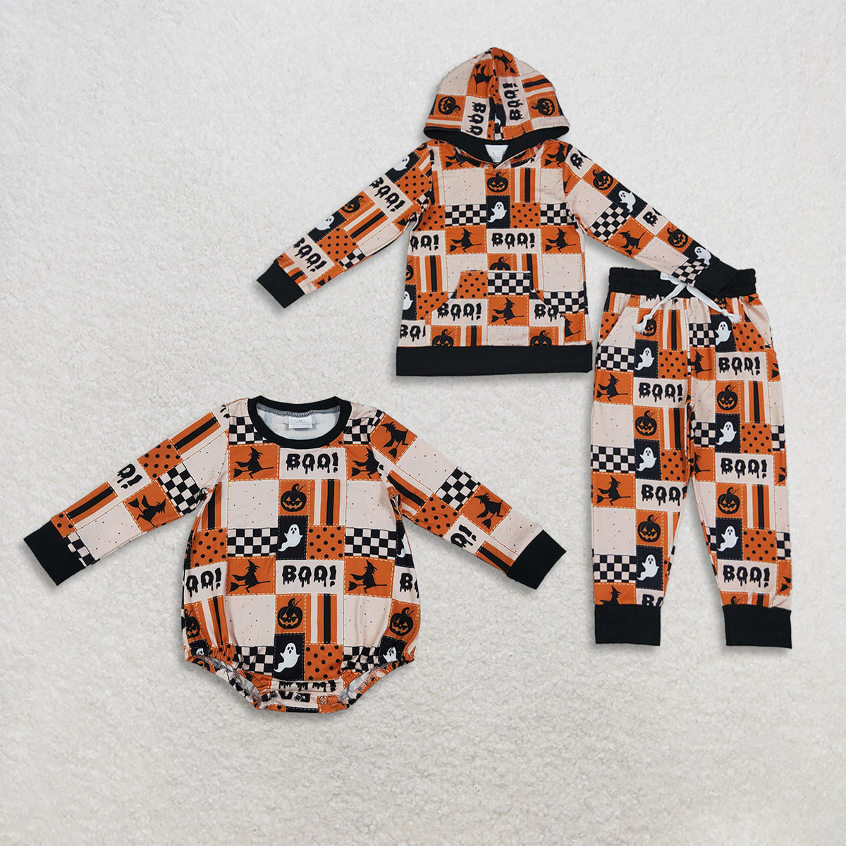 RTS NO MOQ Sibling milk silk Baby Boys Halloween Print Hoodie and Jogger Pants Set Black Orange Plaid Romper