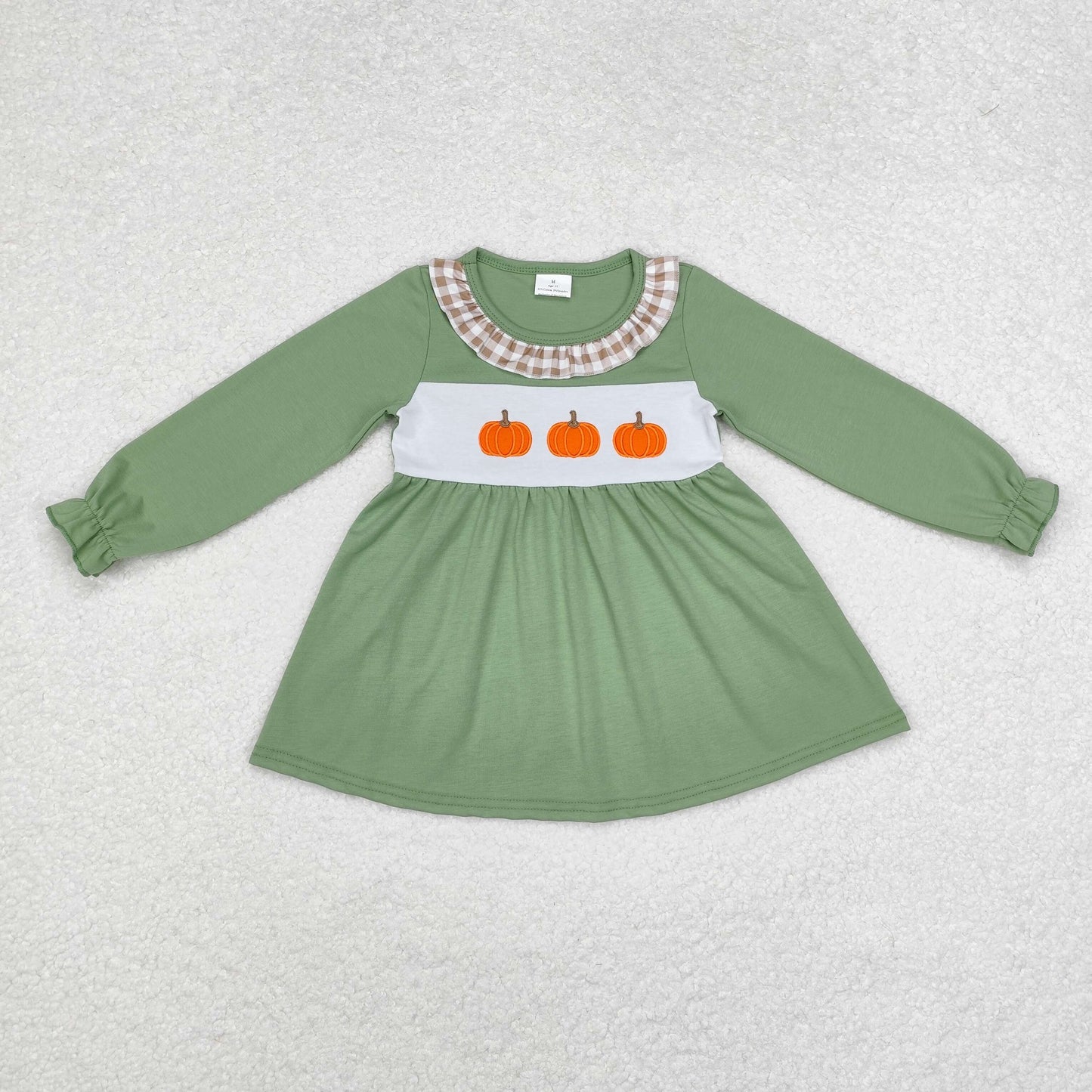 RTS no moq  GT0711  Baby Girl  Autumn Clothes Embroidered Pumpkin Khaki Plaid Lace Green Long Sleeve Top