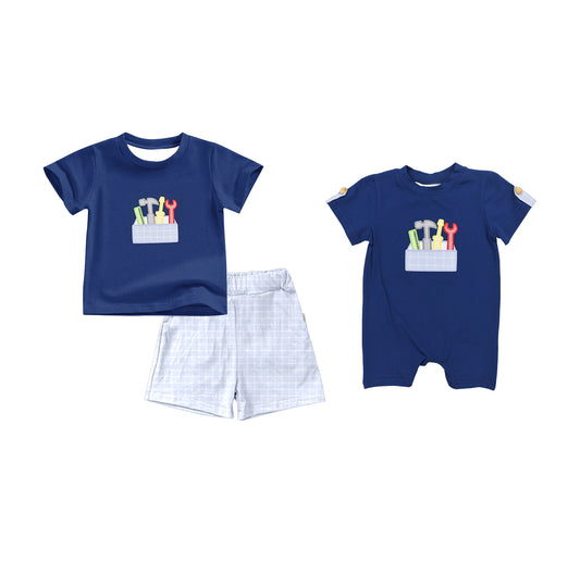 Boys Short Sleeve Navy Plaid Top with Tools Pattern Matching Plaid Shorts Outfit Set Casual Children's Clothing Set