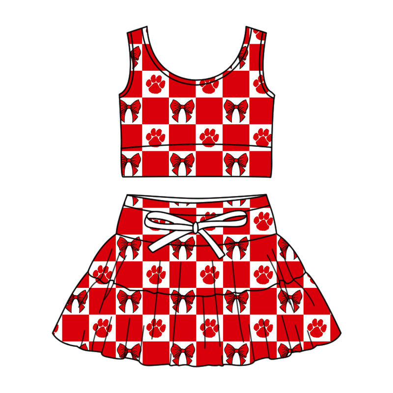 CUSTOM MOQ 5 Sibing Kids Clothing for Girls Baby Girls Bright Red Bow Top Skirts Yoga Active Team Clothes Sets Knee Length Dress Shorts