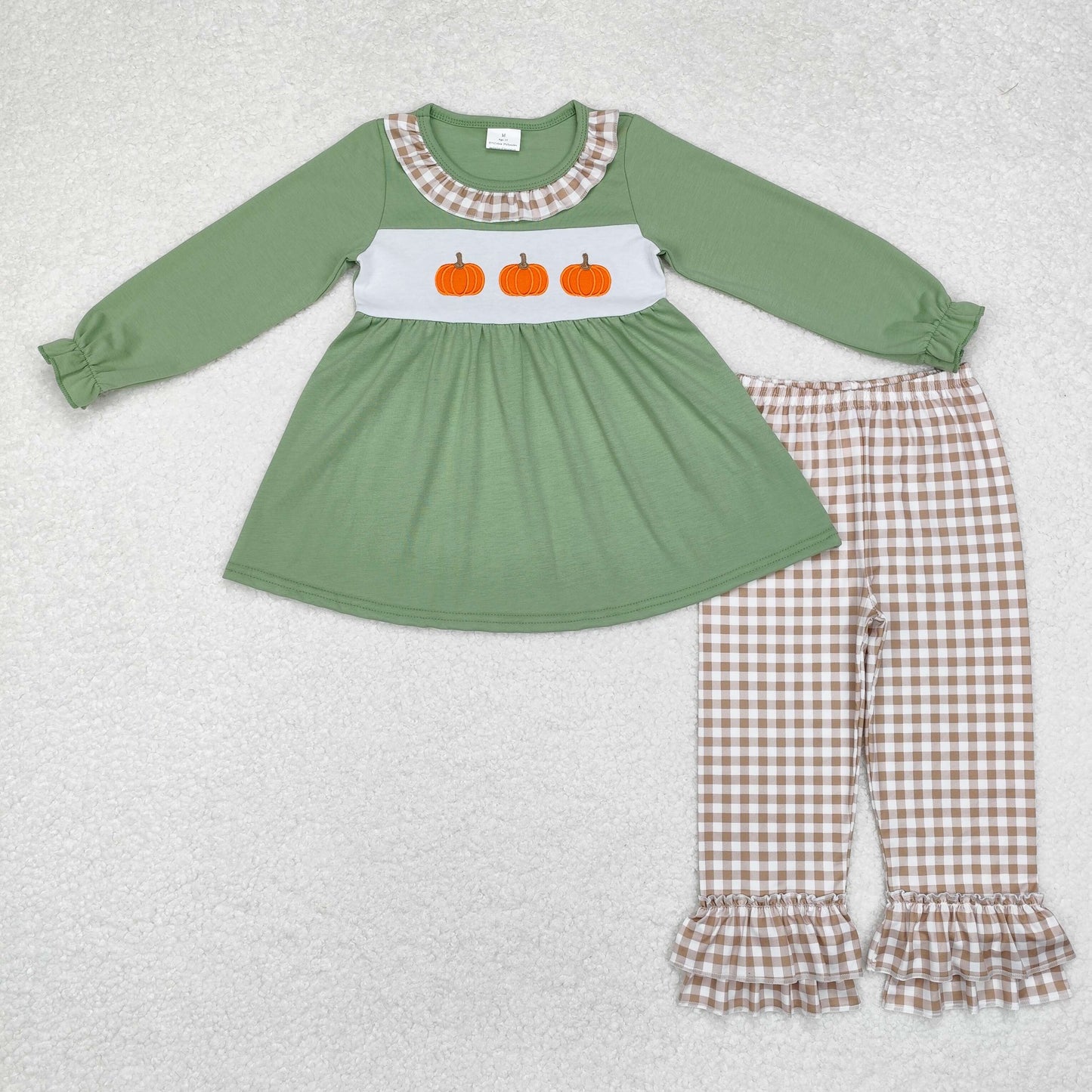 rts no moq GT0711+P0607 Embroidered pumpkin khaki plaid lace green long-sleeved top trousers