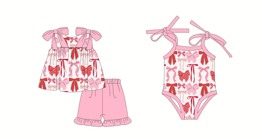 Girls Pink Straps Heart Bow Tunic Ruffle Shorts Outfit Cute Feminine Children's Clothing Set