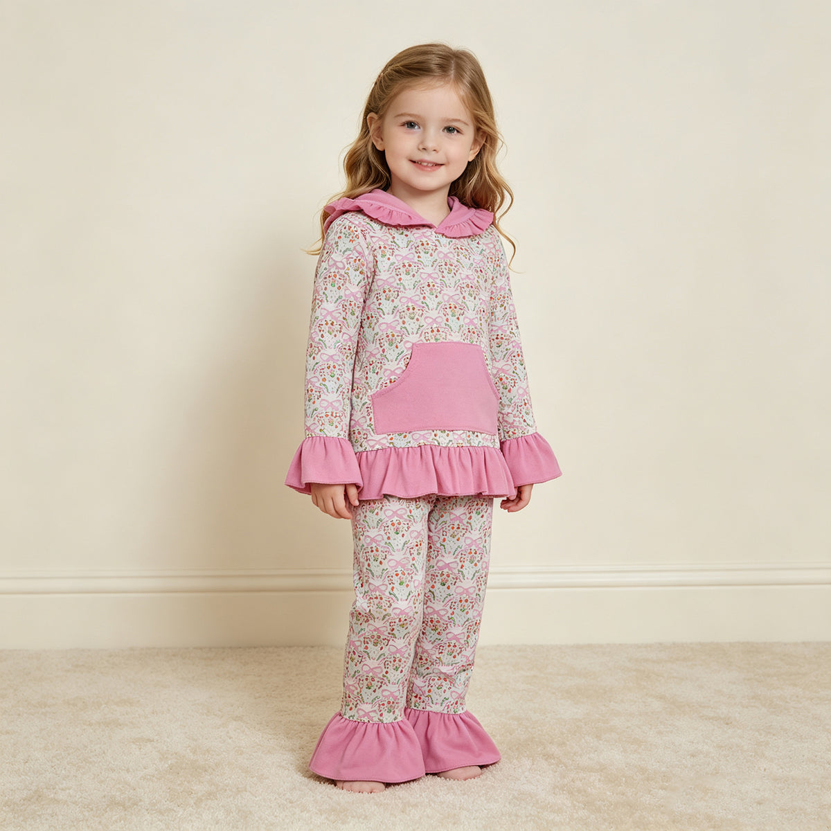 RTS NO MOQ milk silk GLP3520 Baby Girls Pink Small Flowers Bows Pocket Ruffle Hoodie Pants Clothes Sets