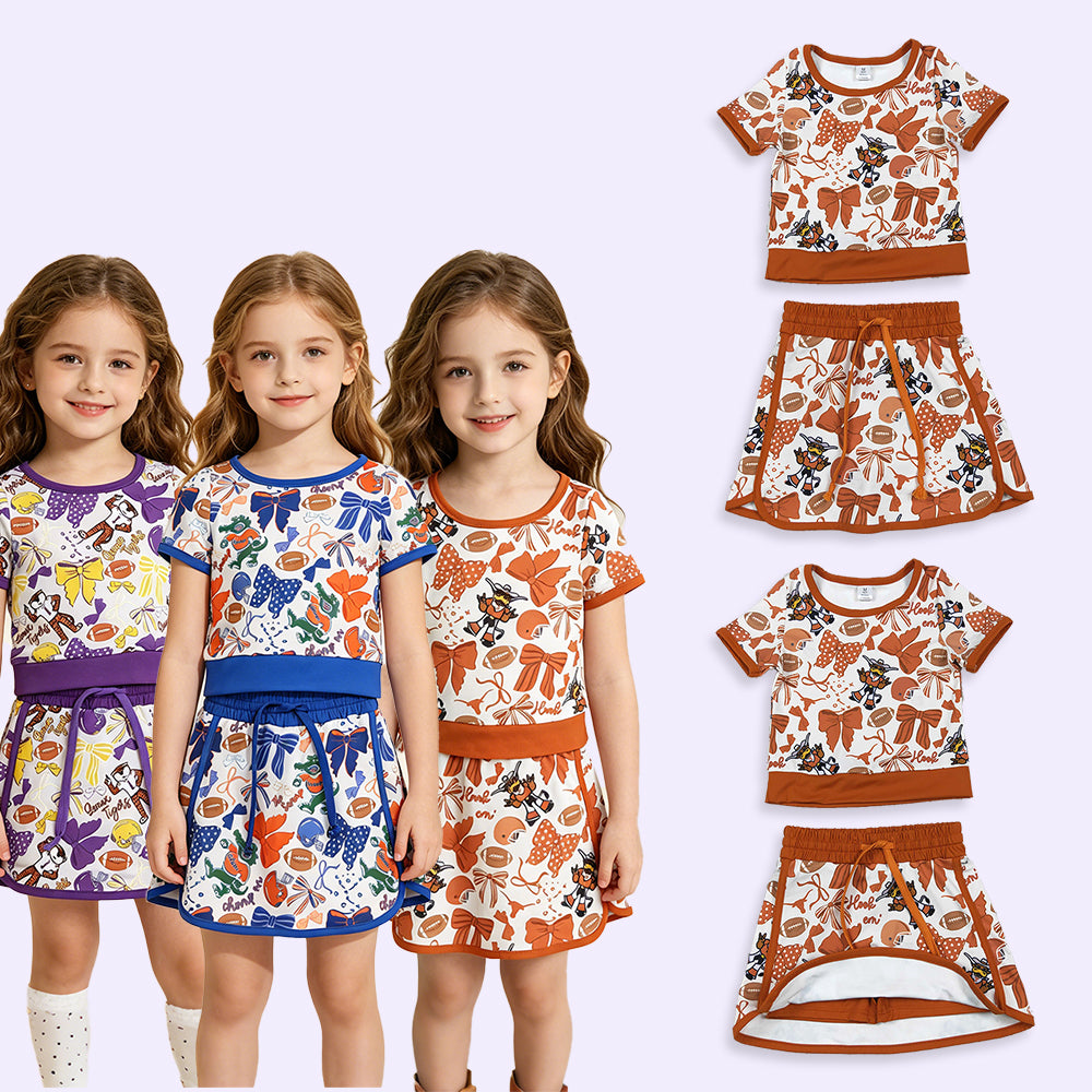 GSD3697 RTS NO MOQ （In stock ）Short sleeves football bow top skirt girls team active wear set